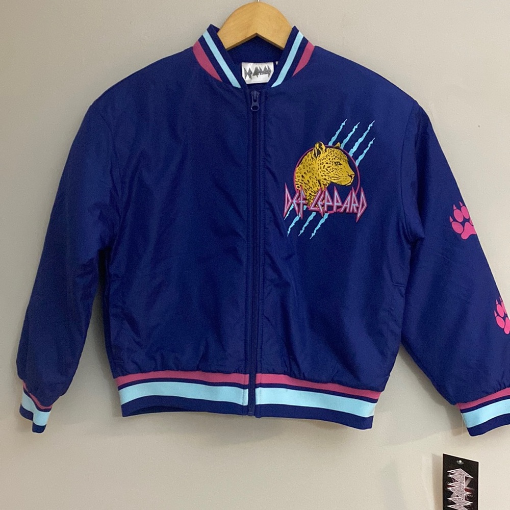 Def Leppard New! girls navy blue/pink graphic bomber jacket size 10-12